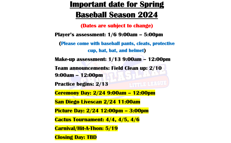 Important dates for 2024 Spring Baseball Season